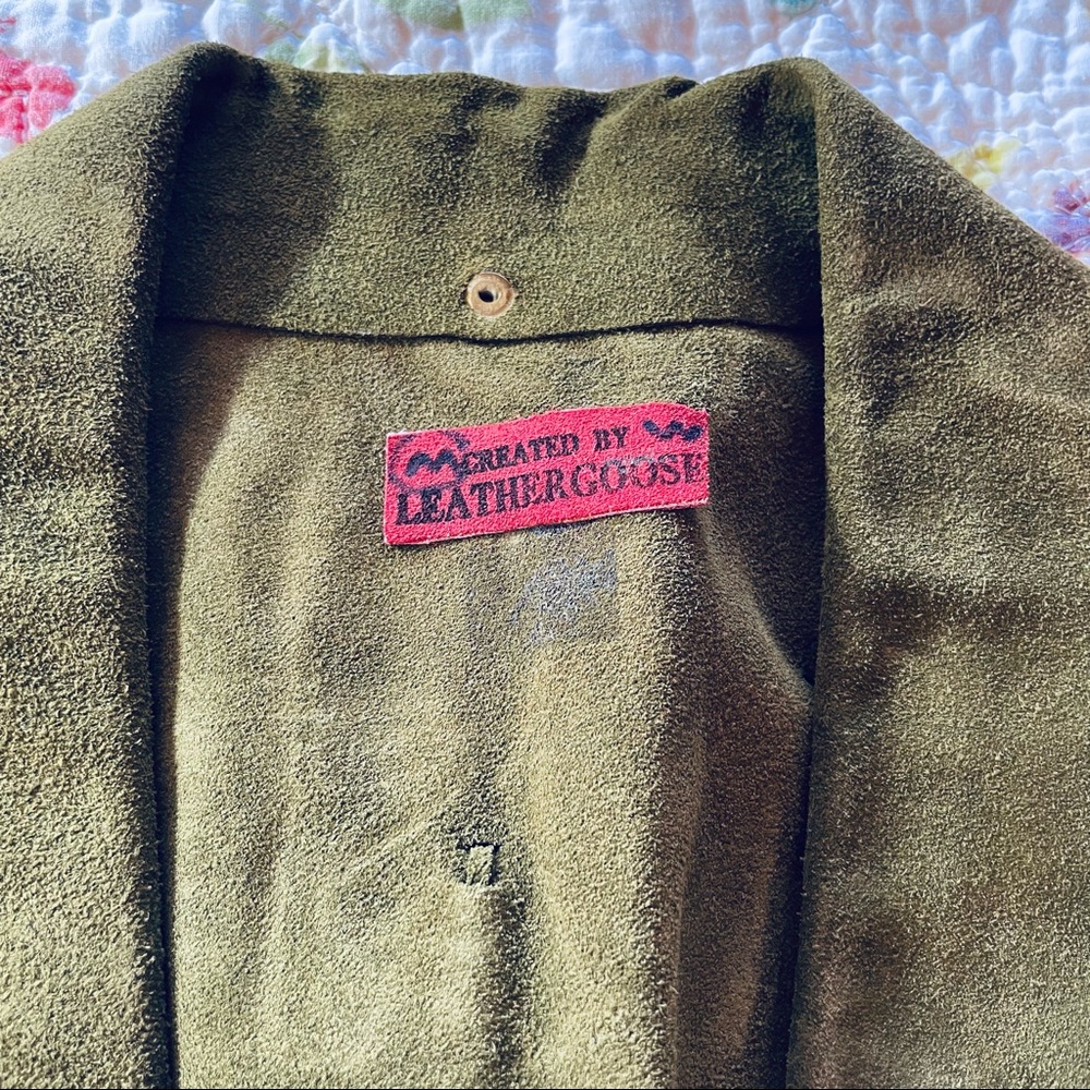 Vintage Army Green Suede Vest Fringe Detail and Flower cut outs - Picture 12 of 16